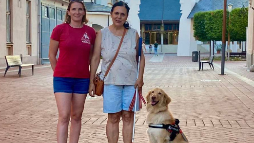 A fotón Végel Gabriella kiképző mellett Pece Merilin látható, mellettük Emily ül piros MVGYOSZ- hámban. A fotó Makón készült, háttérben a Hagymatikum Gyógyfürdő épülete látható, a sétálóutcában felfüggesztett színes esernyők adnak árnyékot.